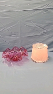 Fluted Cranberry Glass Candy Dish & Glass Light Shade