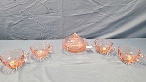 Pink Depression Glass Butter Dish and 4 Cups