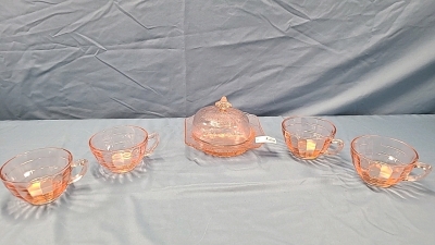 Pink Depression Glass Butter Dish and 4 Cups
