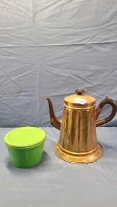 9.5" Metal Tea Pot and Ceramic Bowl with Lid