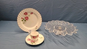 Glass Pedestal Plate &3 Johnson Bros. Dishes