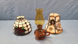 Amber Repro Finger Lamp & 2 Leaded Lamp Shades