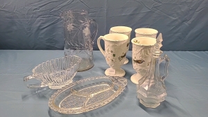 4 Mikasa Mugs, Etched Glass Pitcher,&Vinegar Cruet