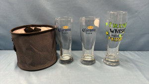 Thirty-One Round Utility Bin with 3 Pilsner Glasses