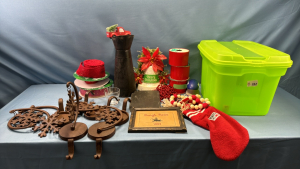 Assorted Christmas Decor in Plastic Tote