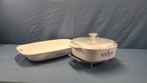 Corning Ware Casserole w/ Lid & Shallow Roast Pan w/Stand