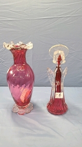 Rossi Glass Cranberry Glass Vase and Angel