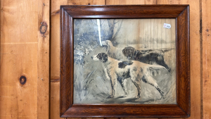 Vintage Print of 3 Dogs in Oak Frame -Has Discoloration