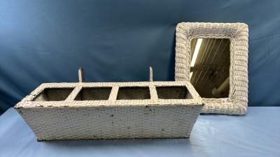 Wicker Framed Mirror and Wicker Hanging Planter Box