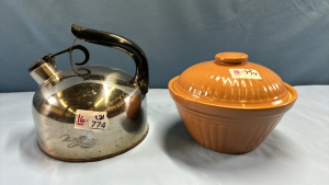 Copper Bottom Tea Kettle & Pottery Bowl w/ Lid