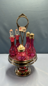 Repro Cranberry Cruet Set in Stand