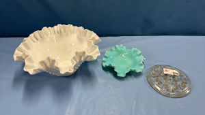 White & Blue Opalescent Fluted Hobnail Bowls 