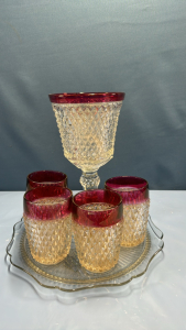 Iris Plate, 4 Cranberry Flash Tumblers, Pedestal Bowl