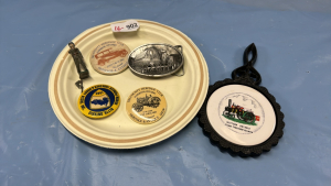 Steam Show Trivet & Lapel Buttons and Collector Belt Buckle